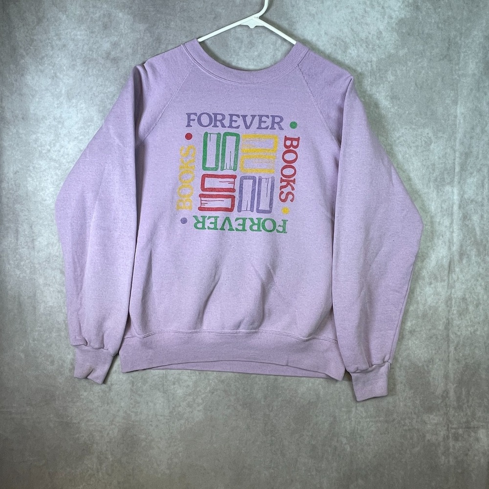 VINTAGE Forever Books Sweatshirt Adult Medium Purple Pullover Raglan USA 80s